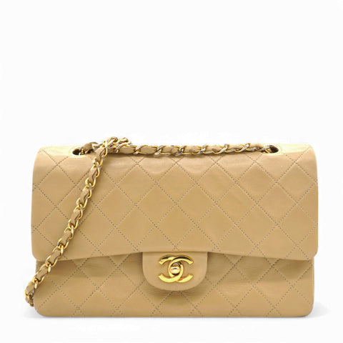 Lambskin Quilted Medium Double Flap Beige