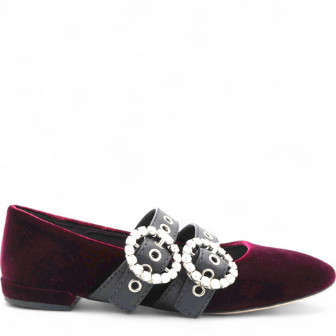 Burgundy Velvet And Leather Crystal Embellished Double Strap Ballerina Flats Size36