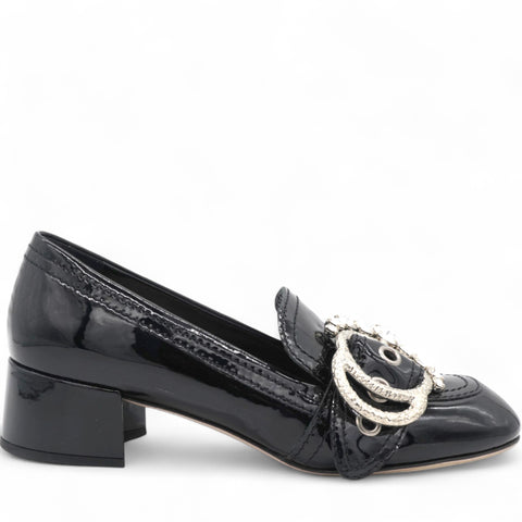 Black Patent Leather Crystal Embellished Buckle Loafer Pumps Size36