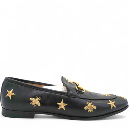 Goatskin Bee Star Embroidered Womens Jordaan Loafers Black Size37