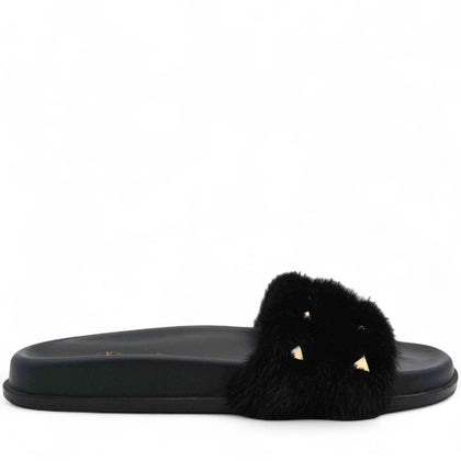 Mink Fur Rockstud Slide Sandals Black Size37.5