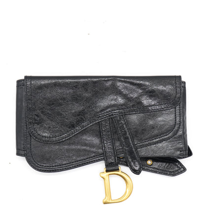 Black Crinkled Leather and Stretch Band Saddle Belt Bag