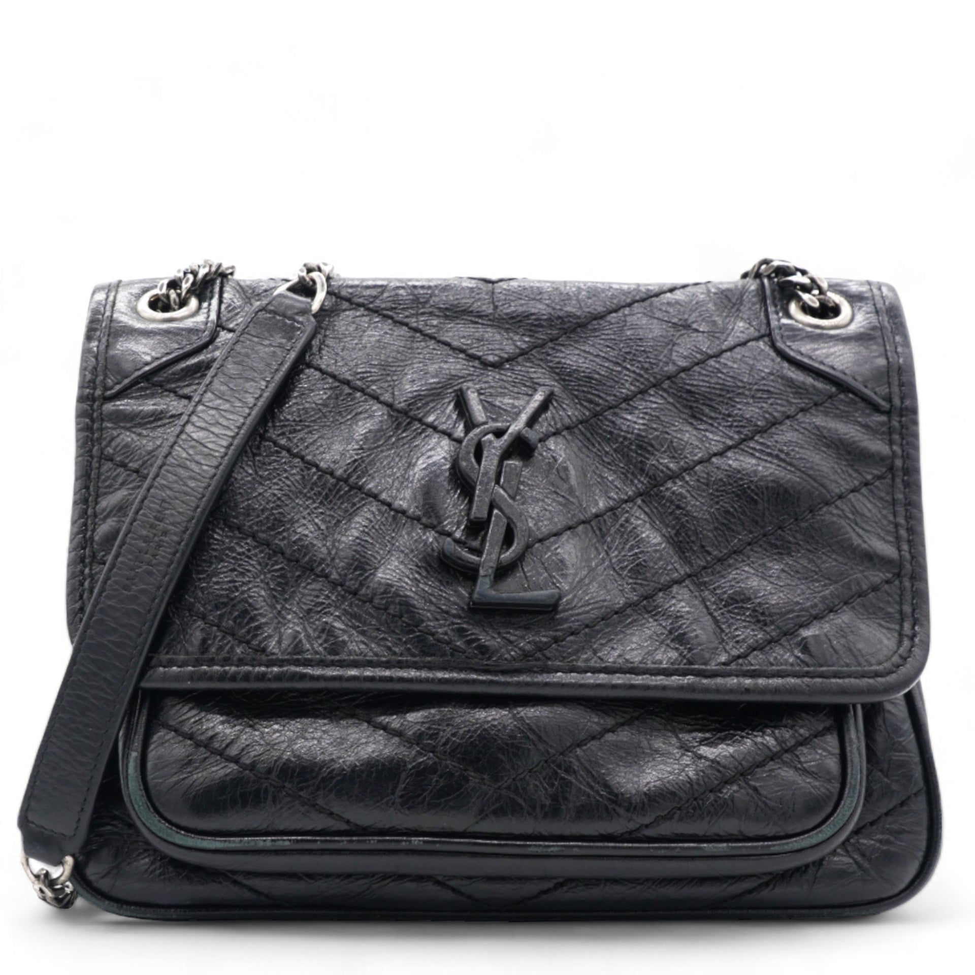 Crinkled Calfskin Matelasse Monogram Baby Niki Chain Satchel Black