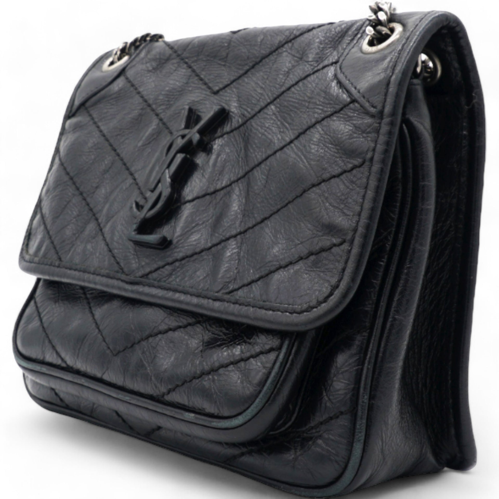 Crinkled Calfskin Matelasse Monogram Baby Niki Chain Satchel Black