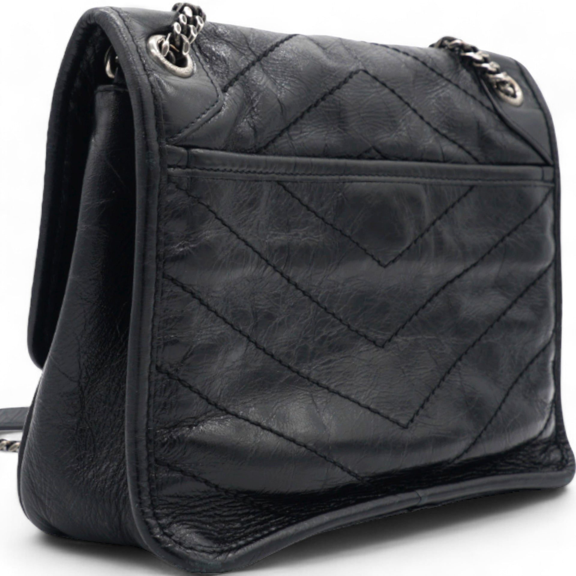 Crinkled Calfskin Matelasse Monogram Baby Niki Chain Satchel Black