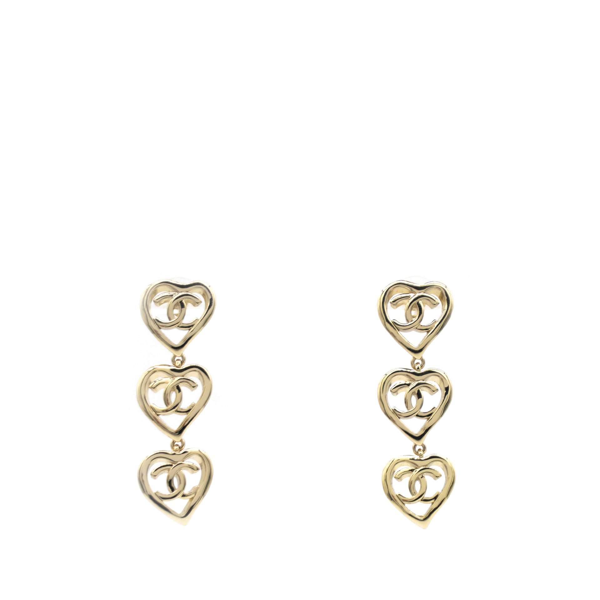 Metal CC Triple Heart Drop Earrings Gold