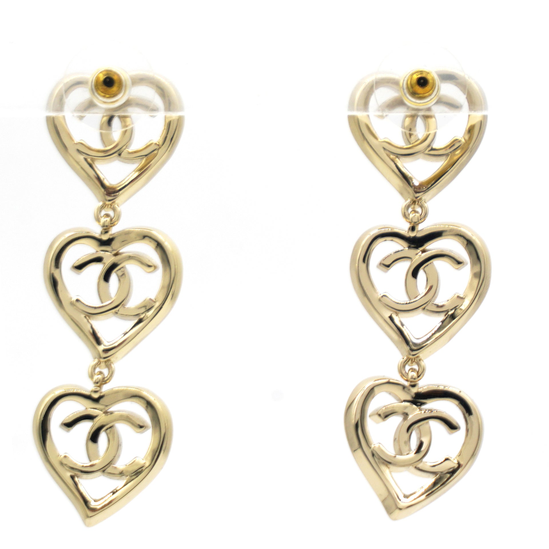 Metal CC Triple Heart Drop Earrings Gold