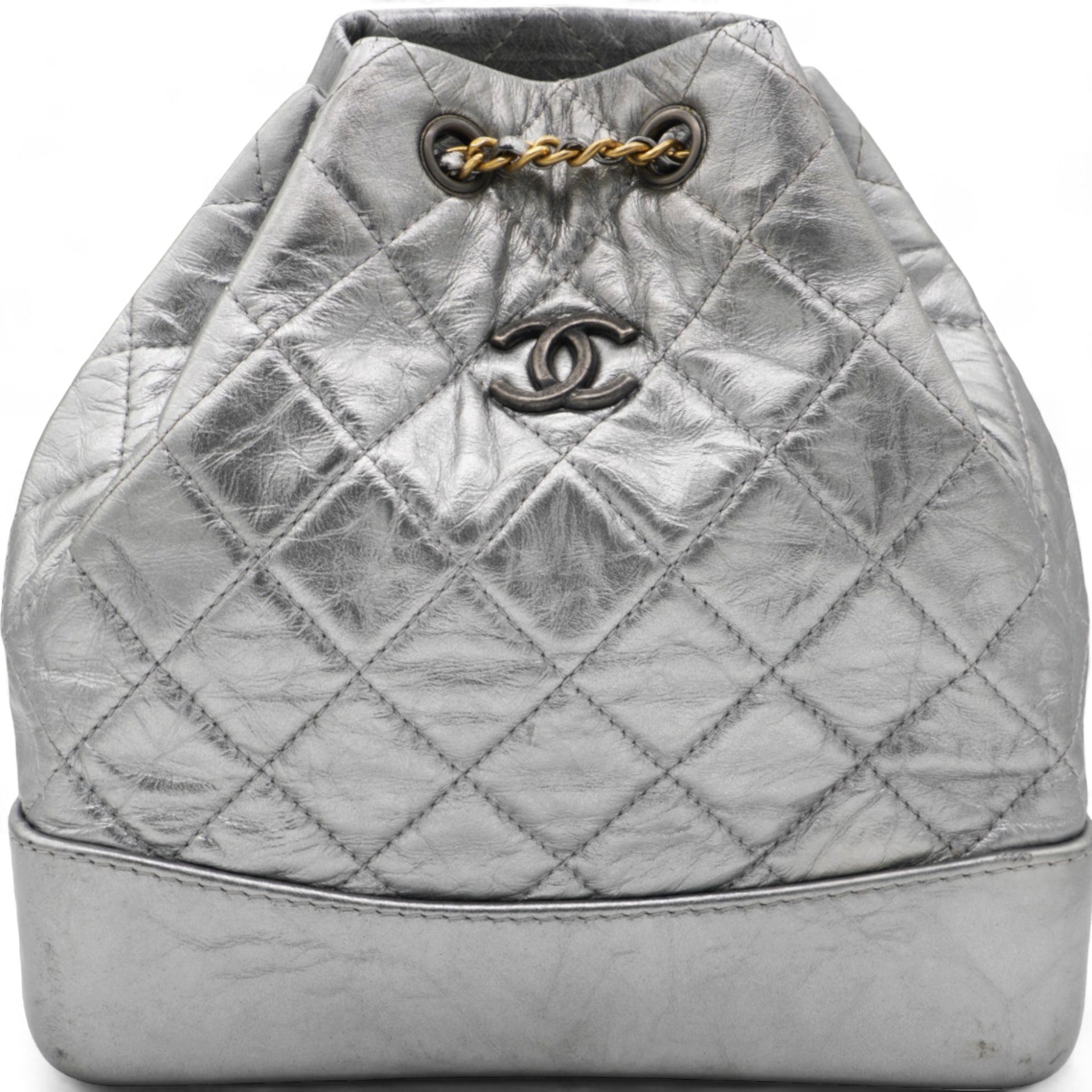 Metallic Crumpled Calfskin Quilted Gabrielle Backpack Silver