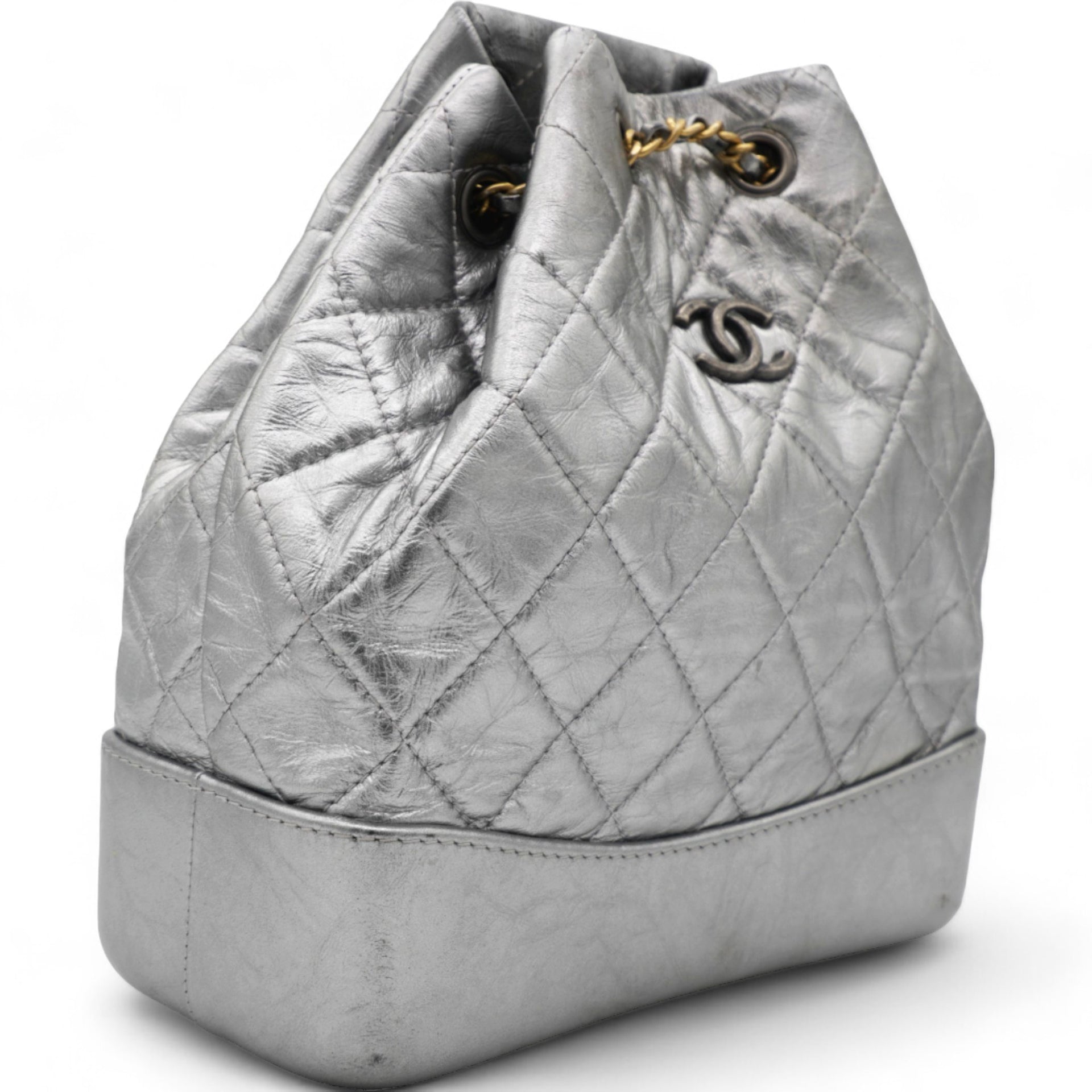 Metallic Crumpled Calfskin Quilted Gabrielle Backpack Silver