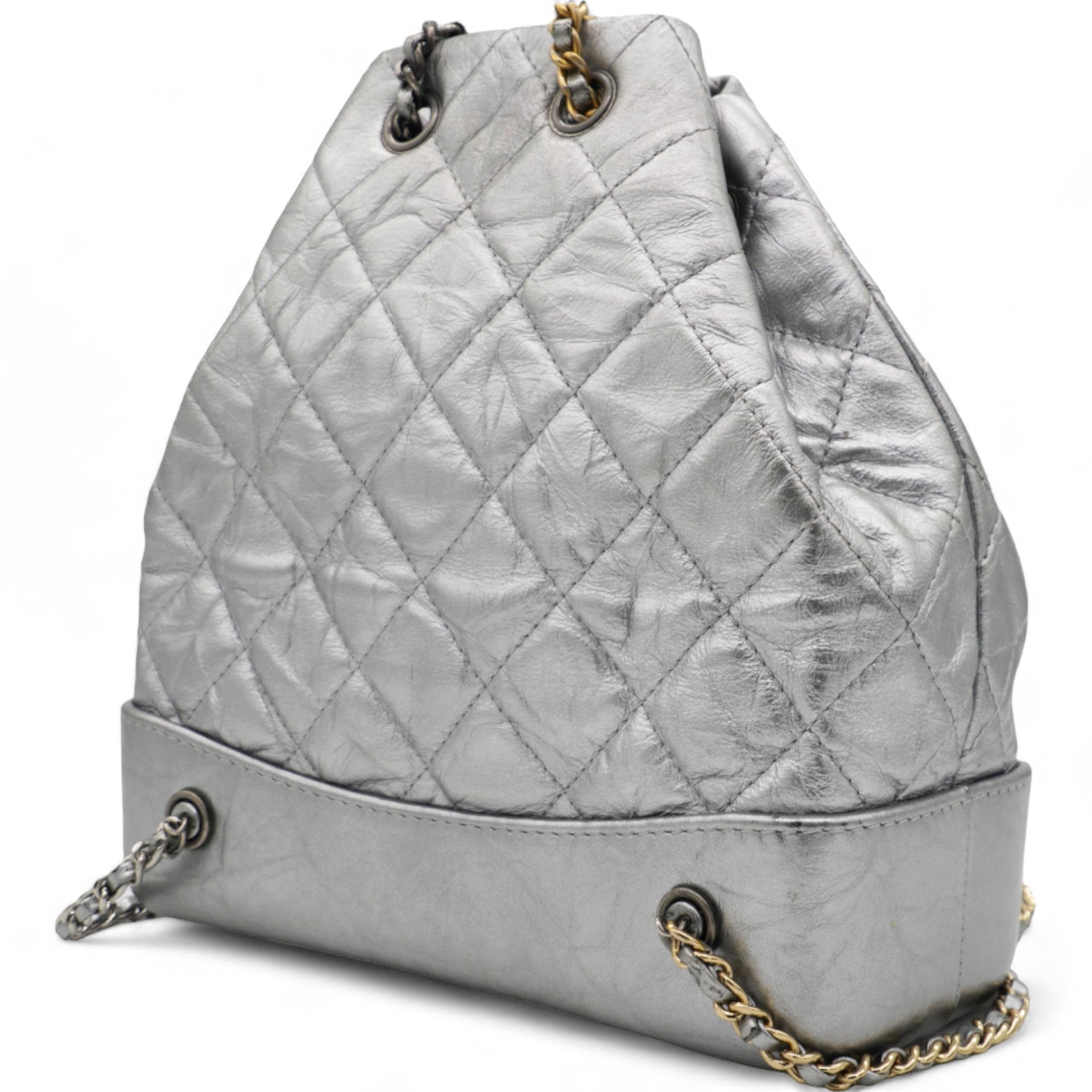 Metallic Crumpled Calfskin Quilted Gabrielle Backpack Silver