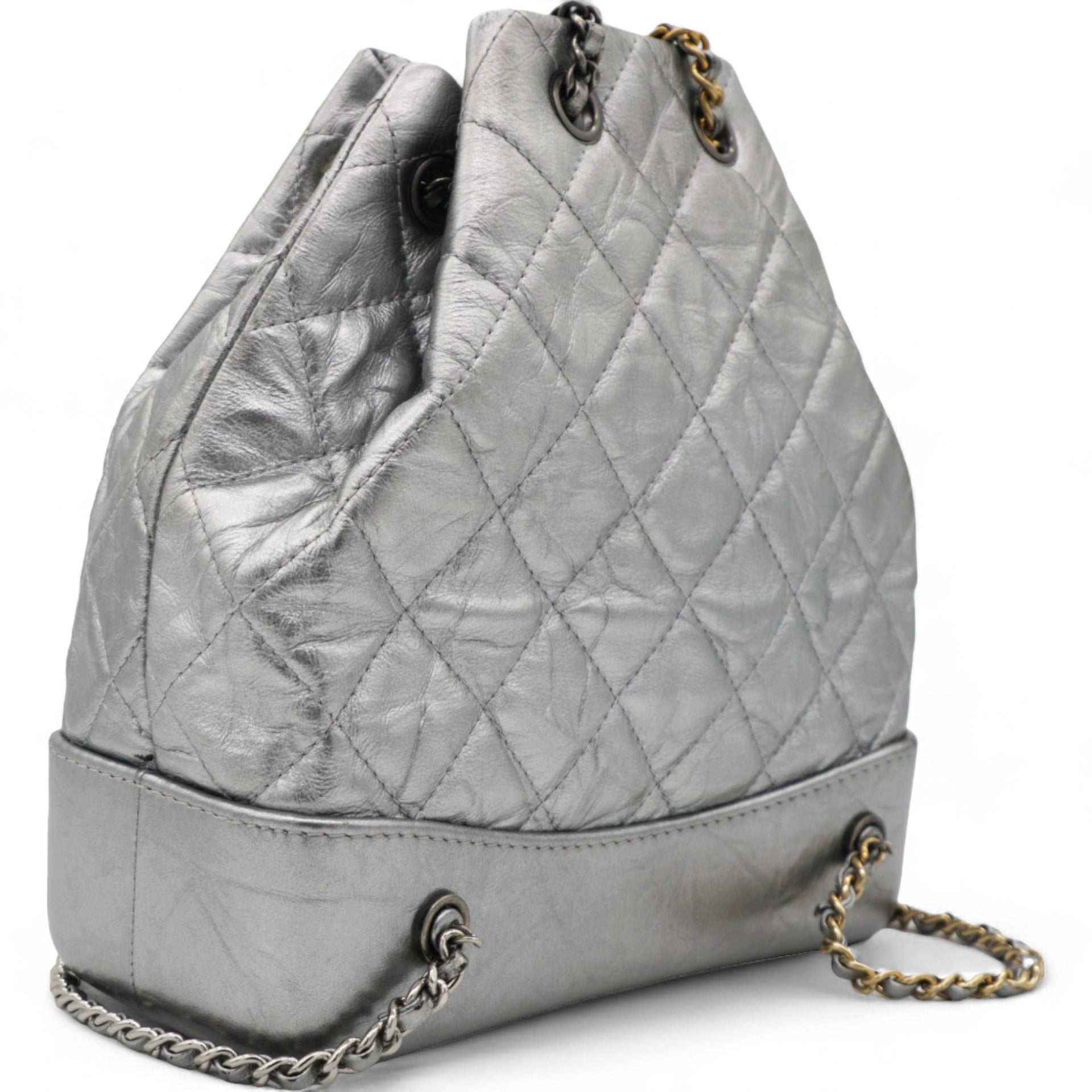 Metallic Crumpled Calfskin Quilted Gabrielle Backpack Silver