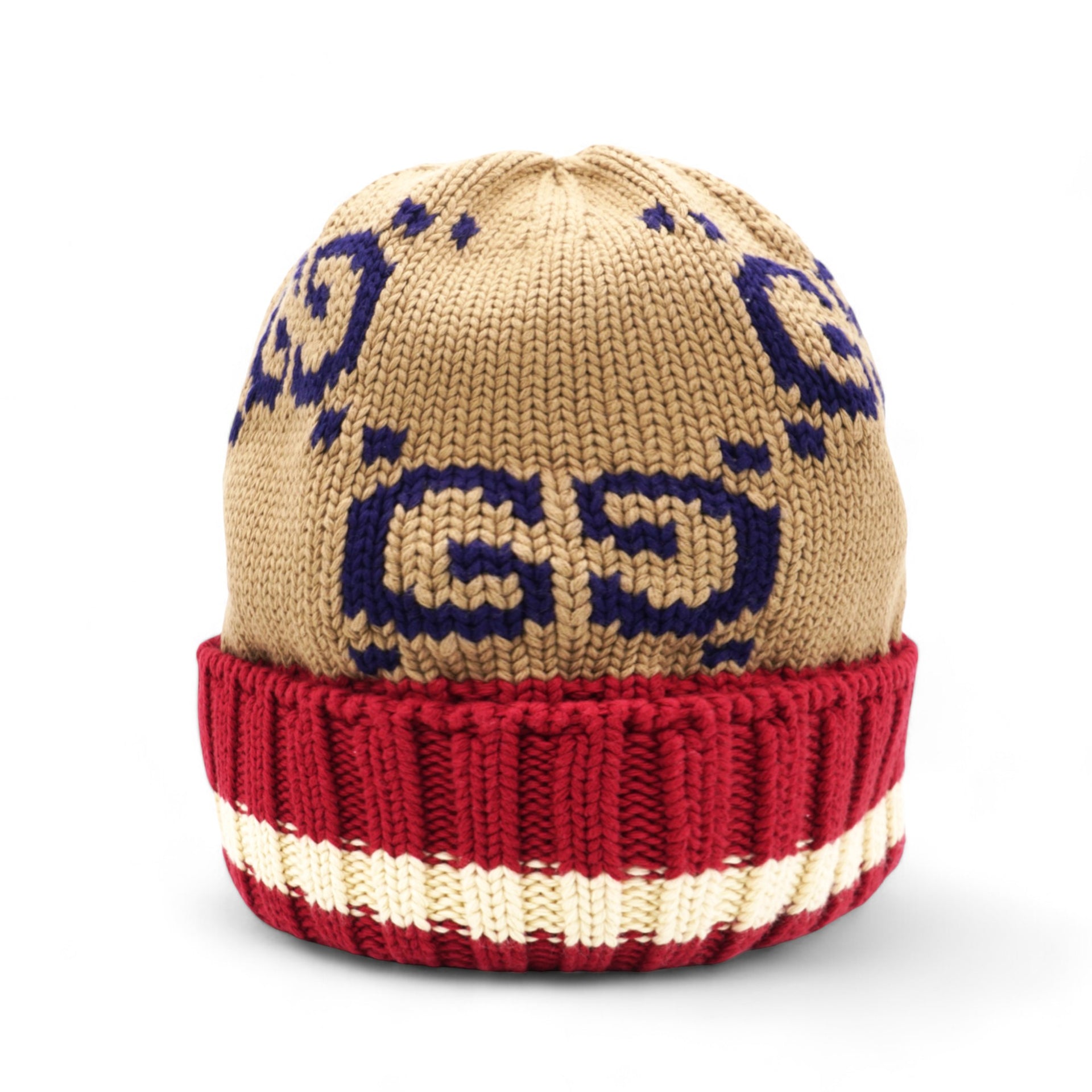 Gg Knitted Beanie In Beige Cotton