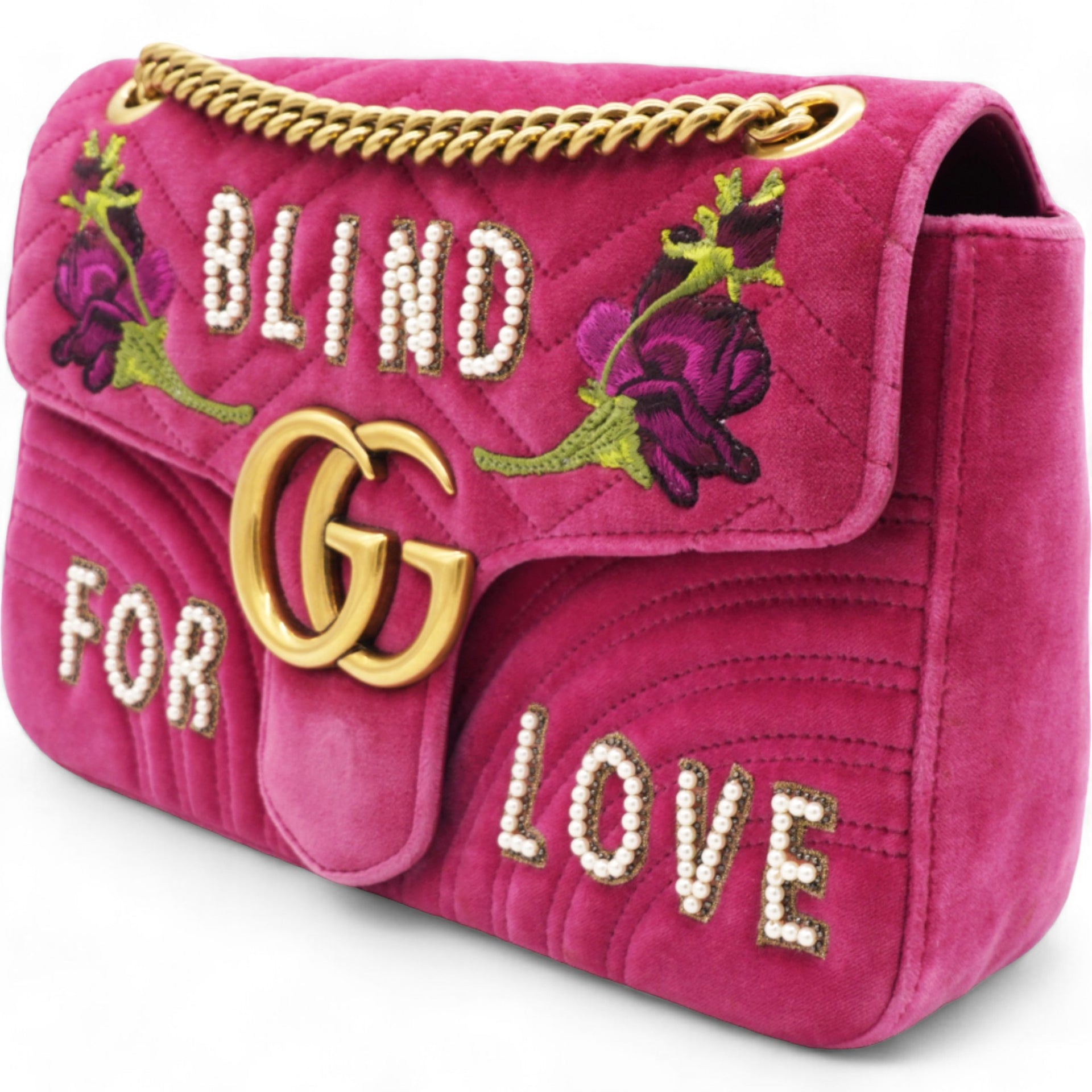 Velvet Matelasse Blind For Love Embroidered Medium GG Marmont Shoulder Bag Light Raspberry Rose Multicolor