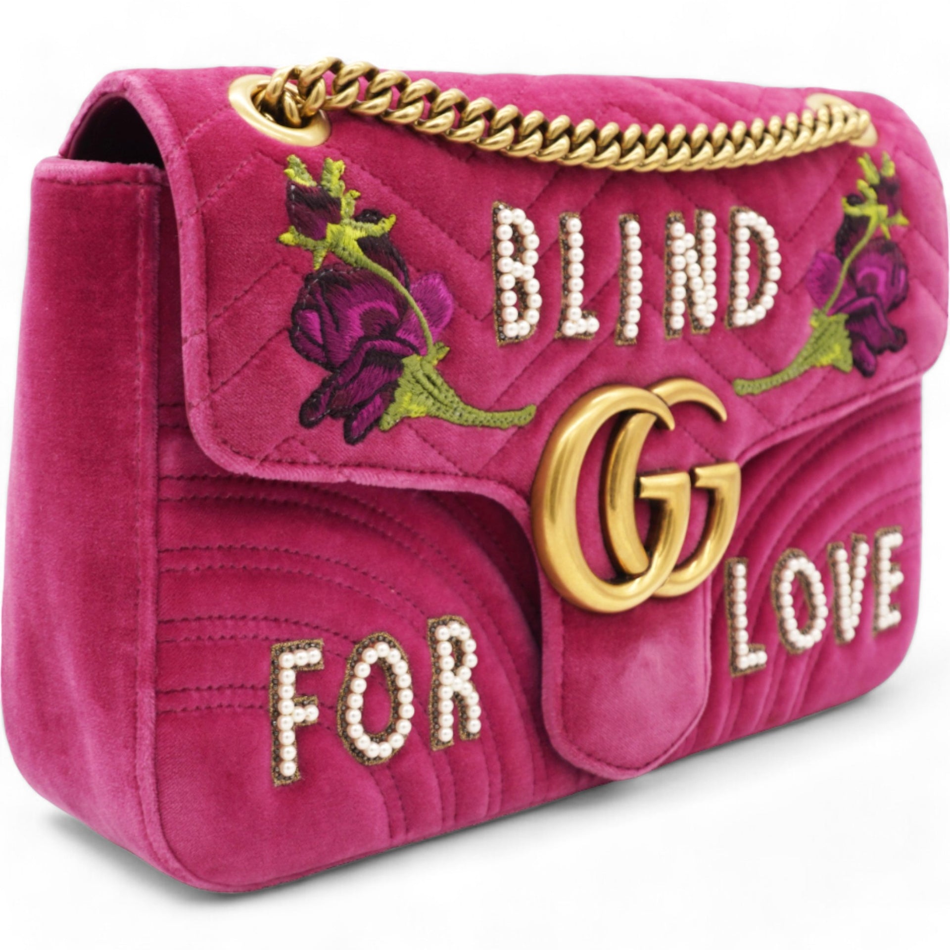 Velvet Matelasse Blind For Love Embroidered Medium GG Marmont Shoulder Bag Light Raspberry Rose Multicolor