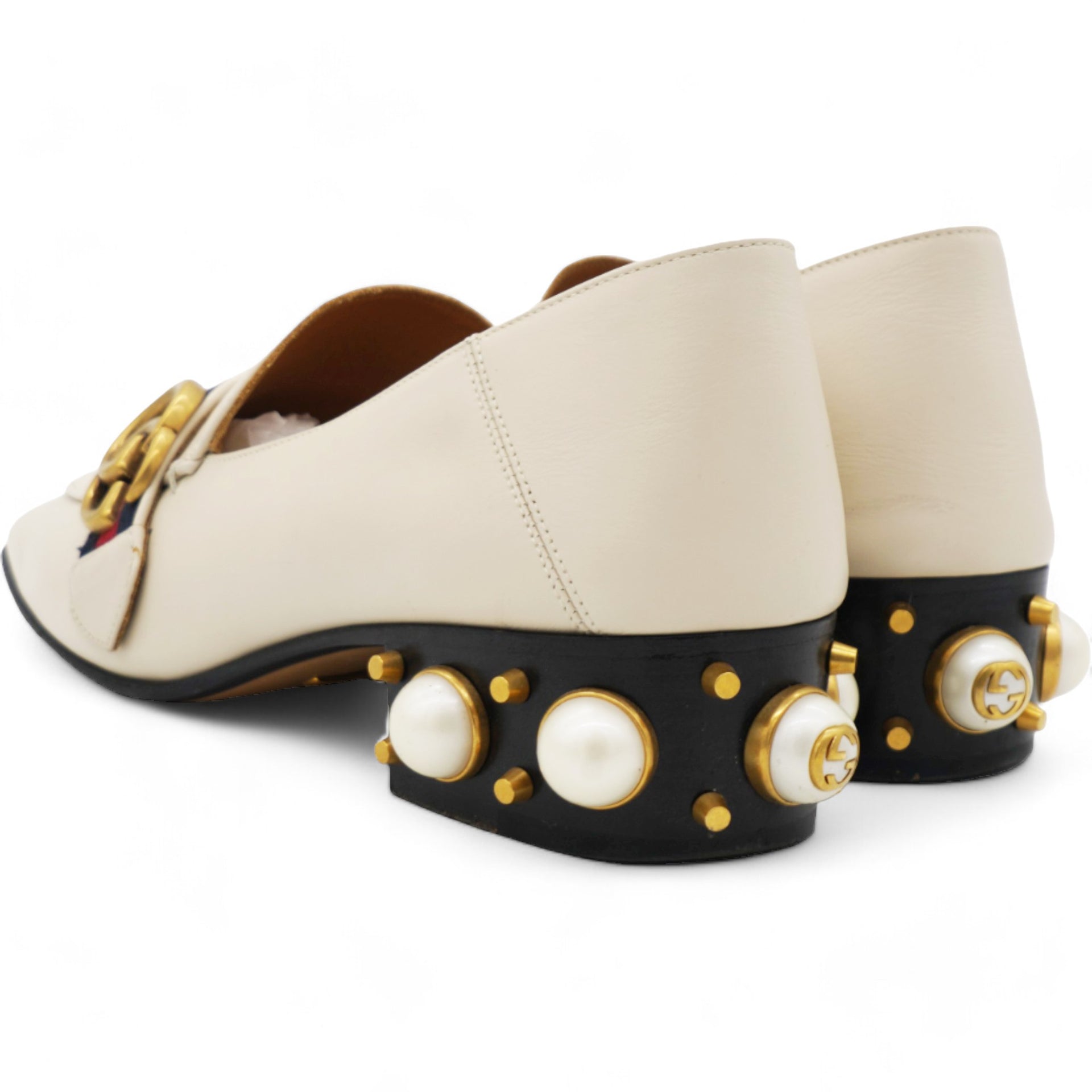 Beige Leather Peyton GG Sylvie Pearl Studded Loafer 38.5