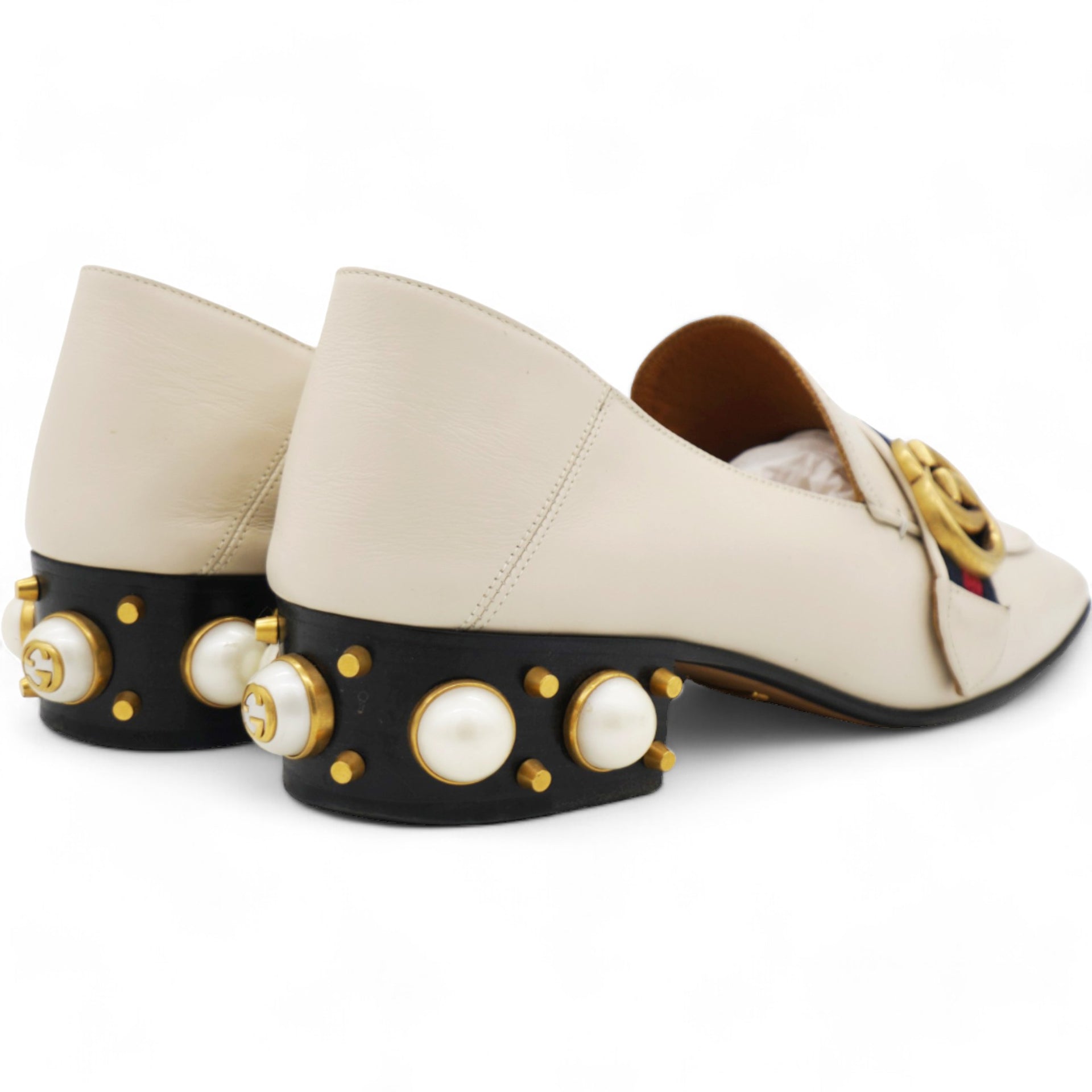 Beige Leather Peyton GG Sylvie Pearl Studded Loafer 38.5