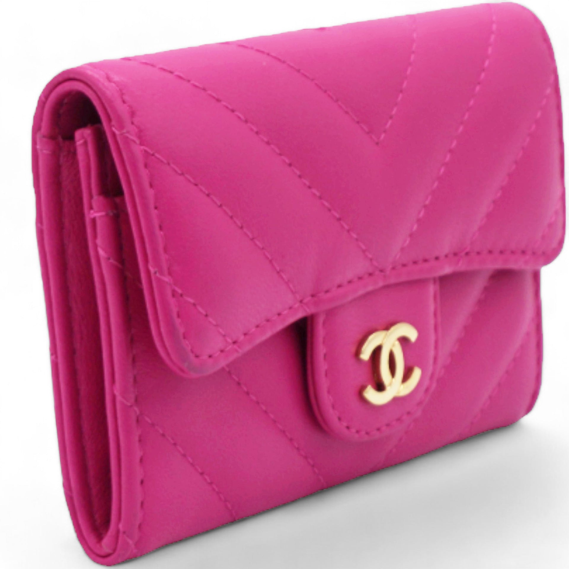 Caviar Quilted Flap Card Holder Wallet Pink