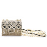 Metal Lambskin Pearl Chain Flap Bag