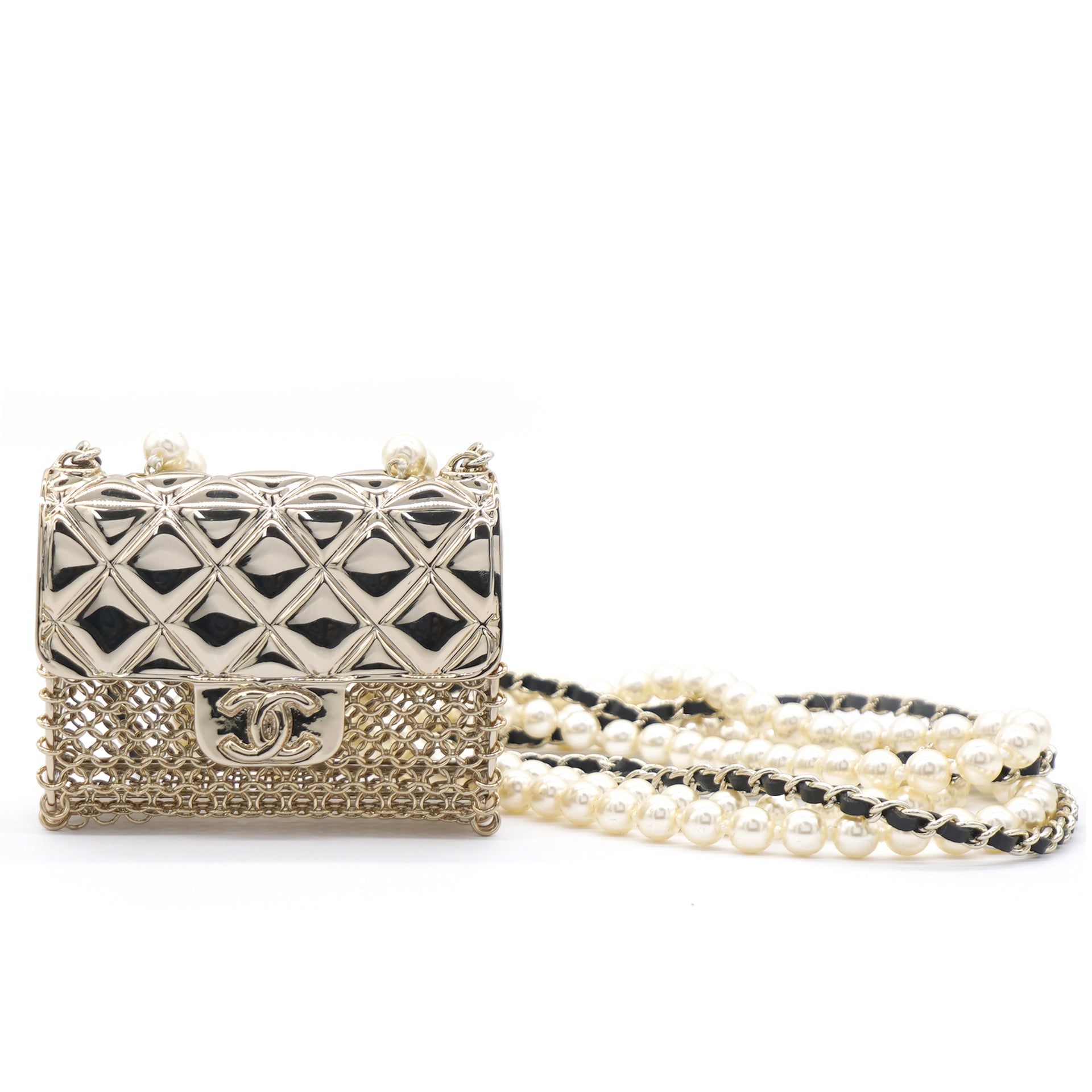 Metal Lambskin Pearl Chain Flap Bag