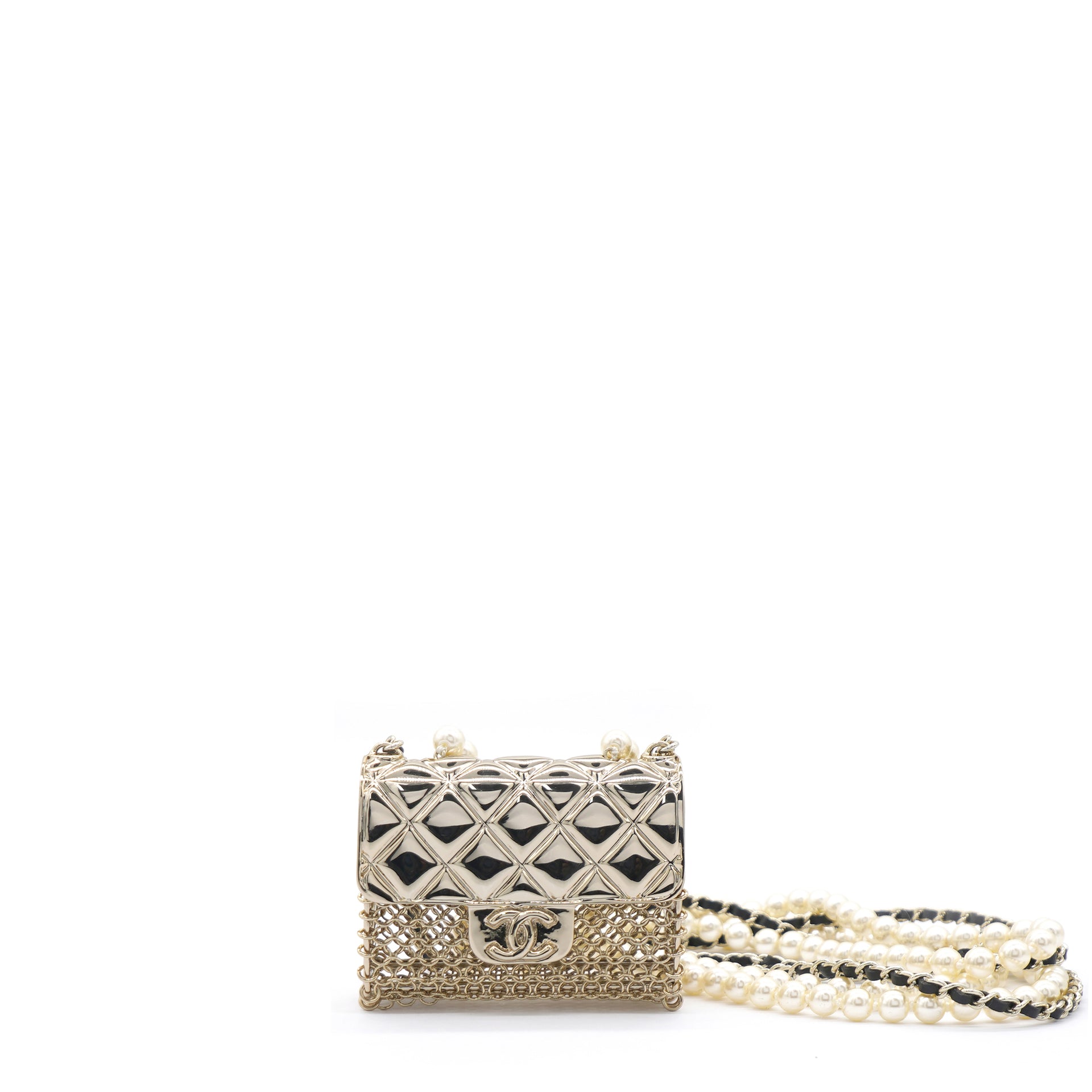 Metal Lambskin Pearl Chain Flap Bag