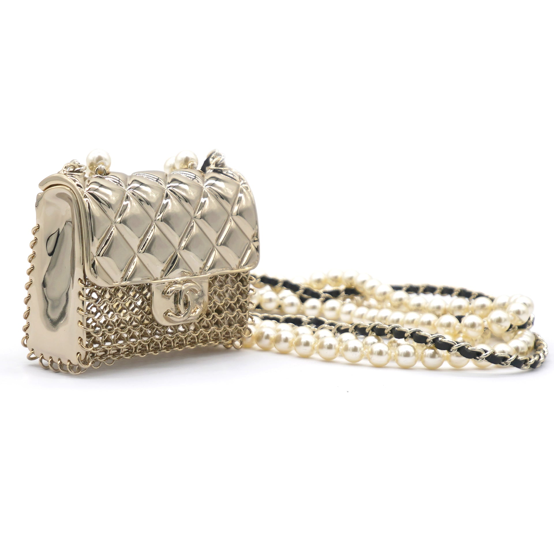 Metal Lambskin Pearl Chain Flap Bag