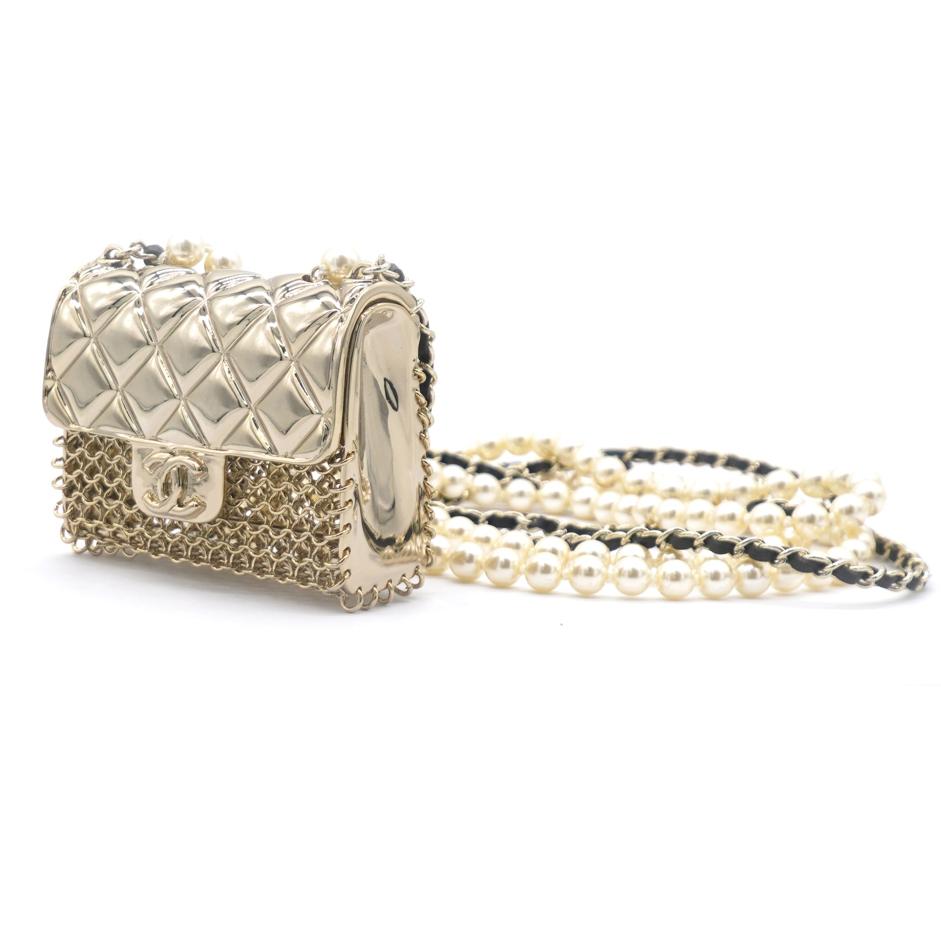 Metal Lambskin Pearl Chain Flap Bag