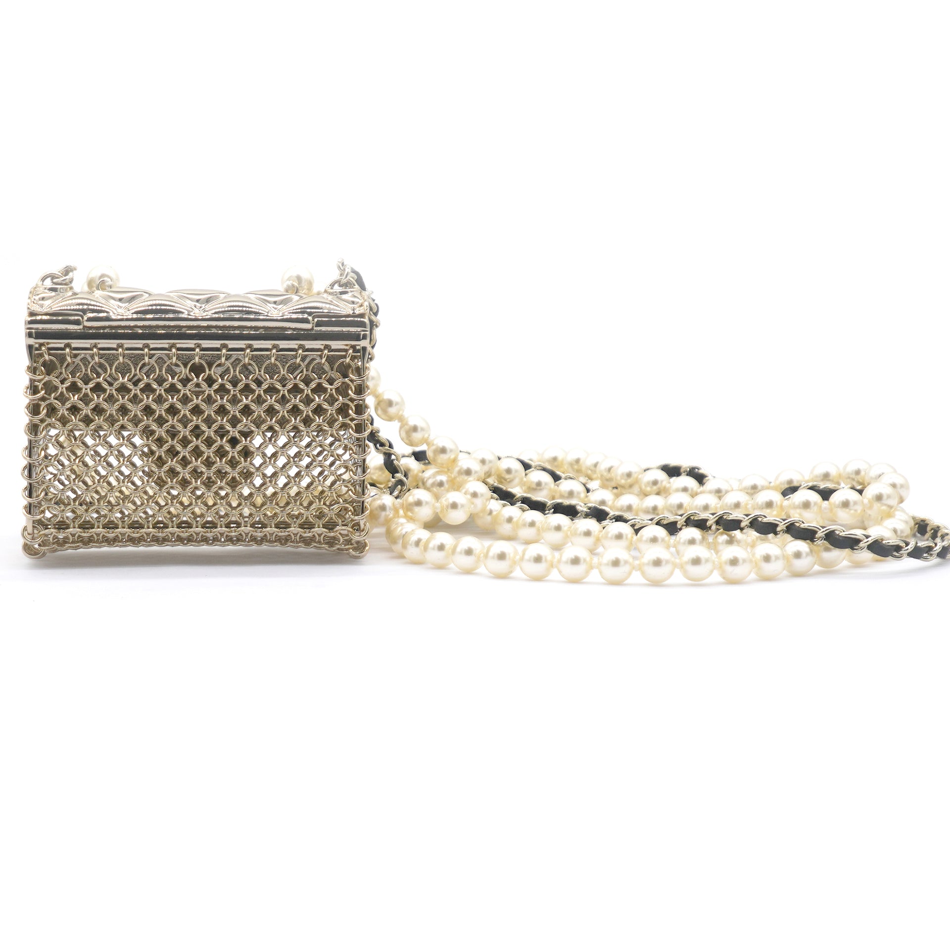 Metal Lambskin Pearl Chain Flap Bag