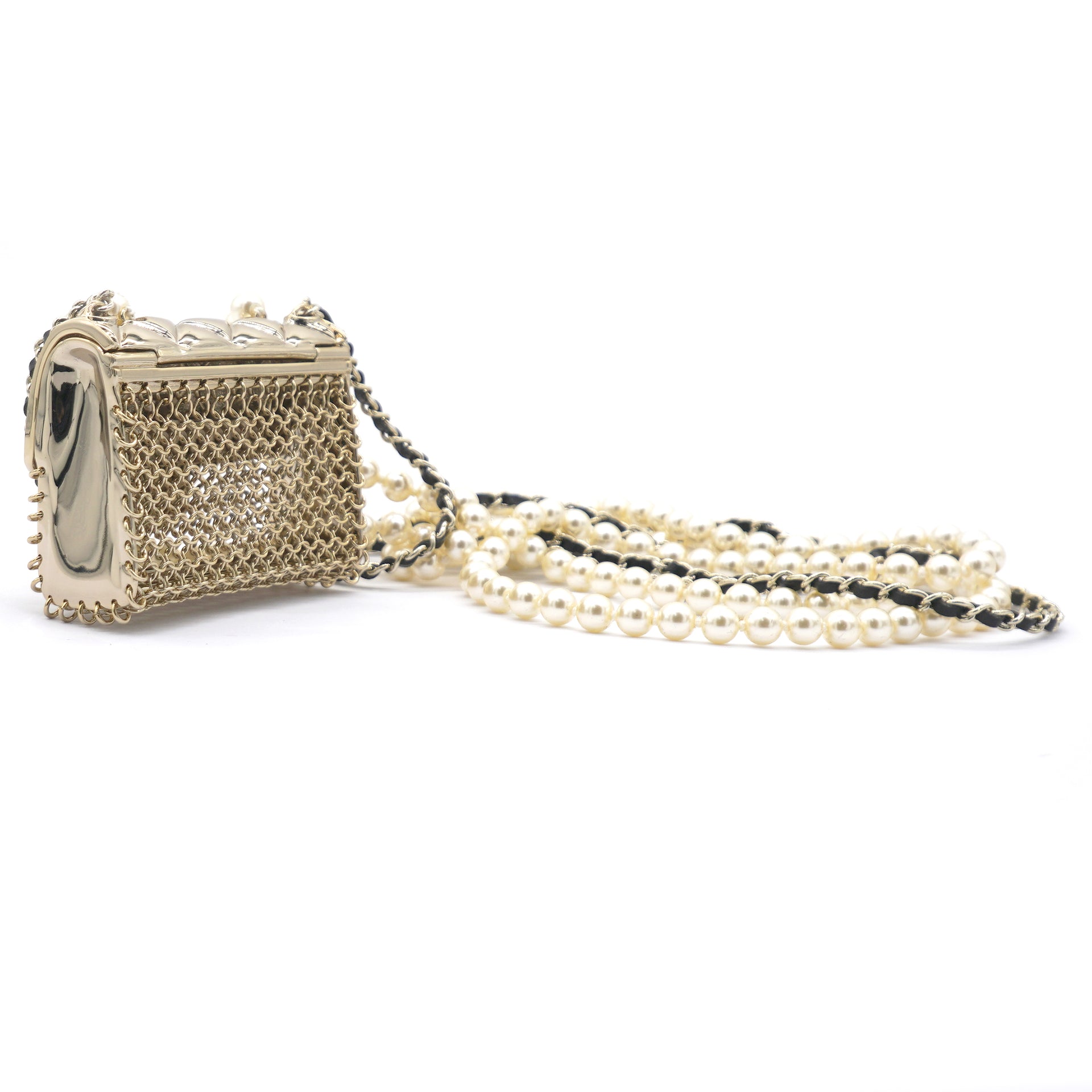 Metal Lambskin Pearl Chain Flap Bag