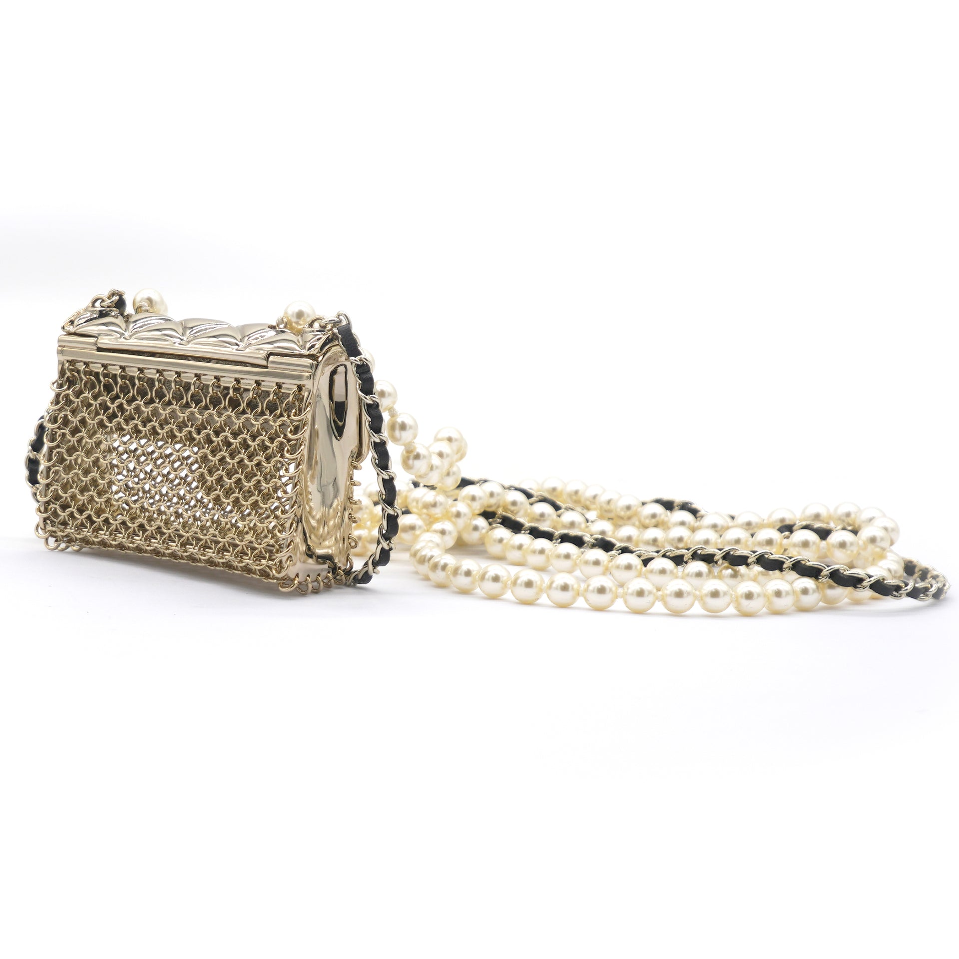 Metal Lambskin Pearl Chain Flap Bag