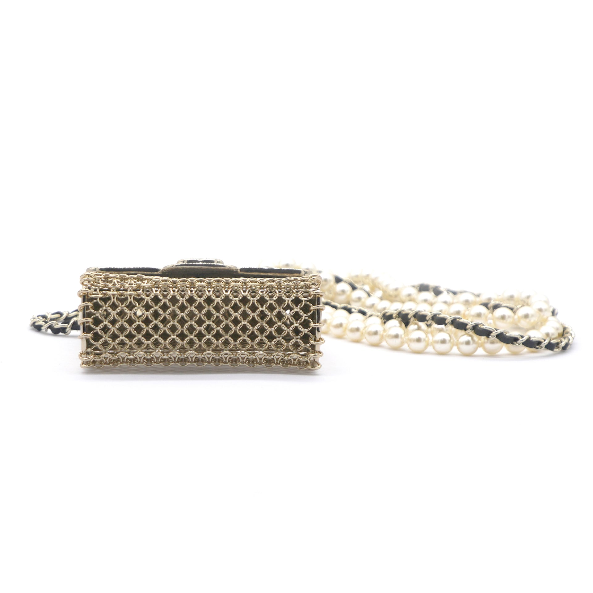 Metal Lambskin Pearl Chain Flap Bag