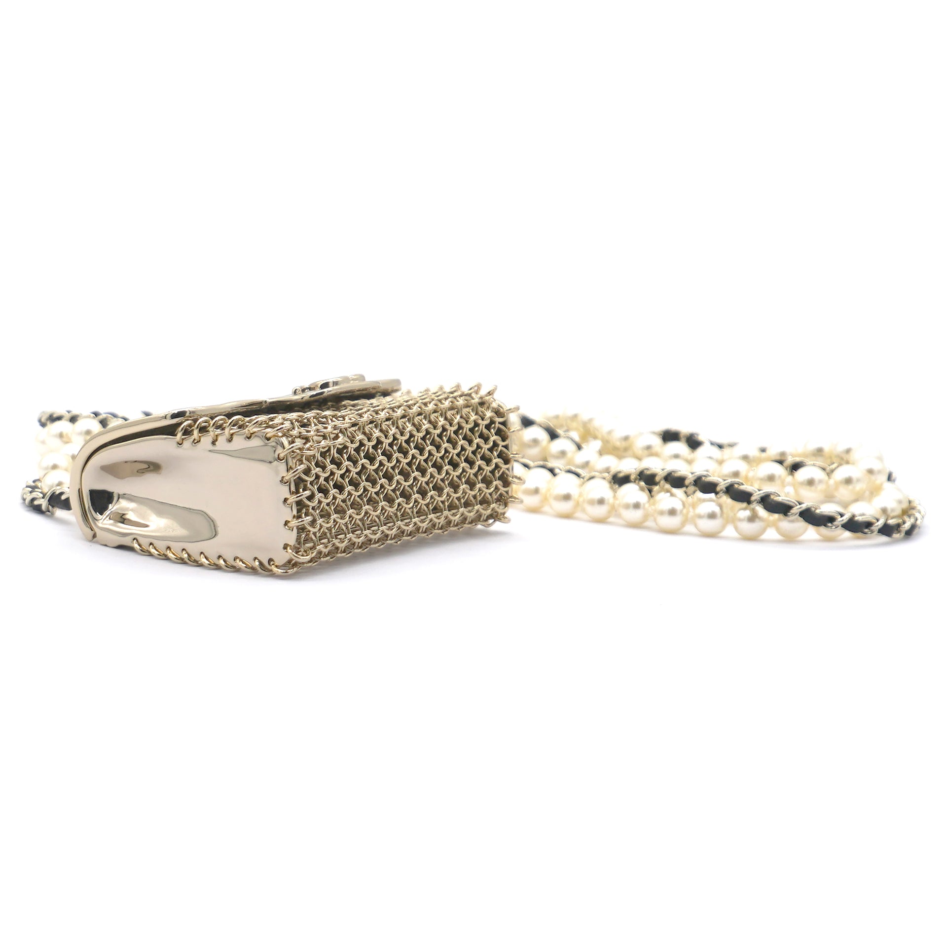 Metal Lambskin Pearl Chain Flap Bag