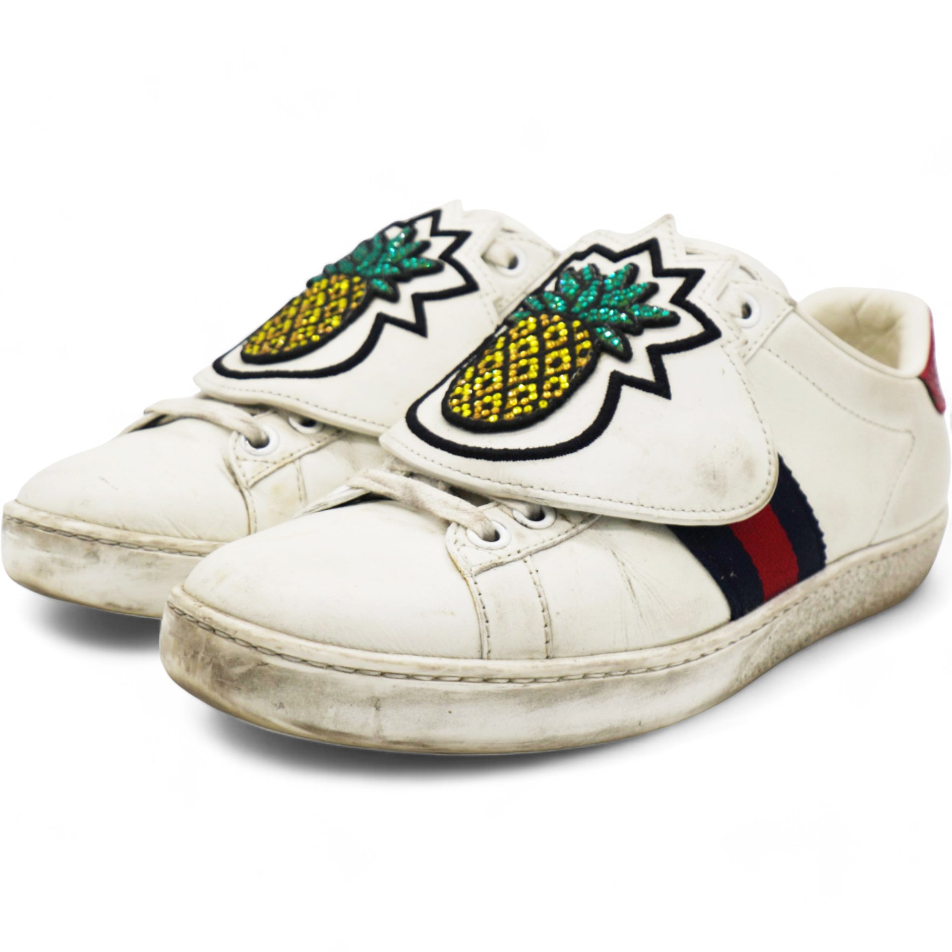 White Leather Embellished Pineapple Strap Ace Sneakers Size 34.5