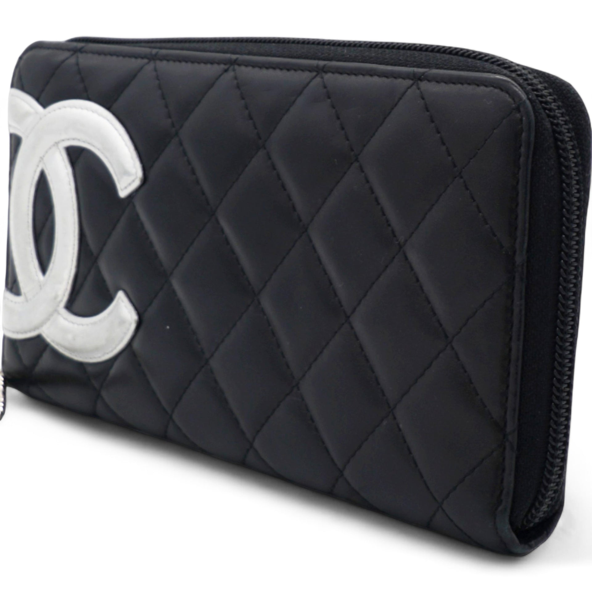 Calfskin Quilted Cambon Large Gusset Zip Around Wallet Black Silver