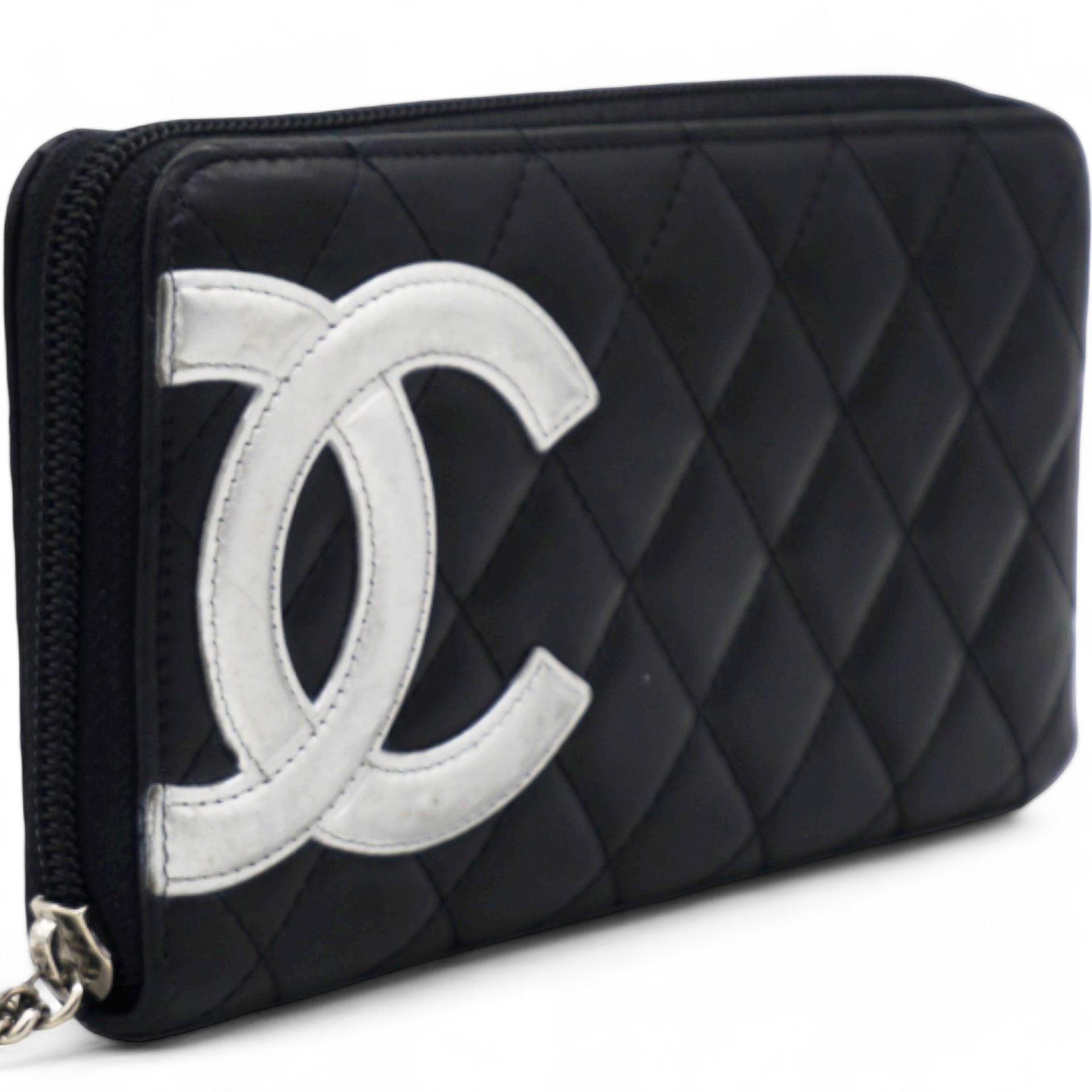 Calfskin Quilted Cambon Large Gusset Zip Around Wallet Black Silver