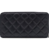 Calfskin Quilted Cambon Large Gusset Zip Around Wallet Black Silver