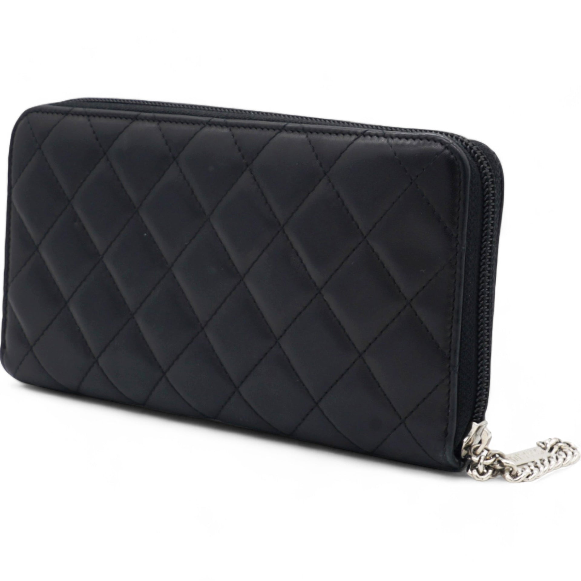 Calfskin Quilted Cambon Large Gusset Zip Around Wallet Black Silver