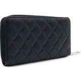 Calfskin Quilted Cambon Large Gusset Zip Around Wallet Black Silver