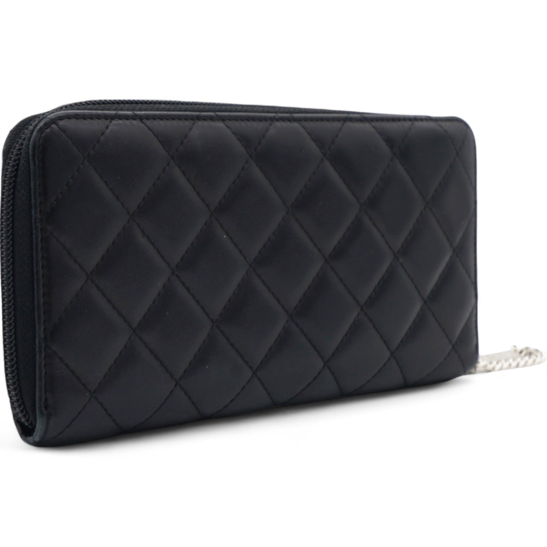 Calfskin Quilted Cambon Large Gusset Zip Around Wallet Black Silver