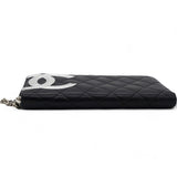 Calfskin Quilted Cambon Large Gusset Zip Around Wallet Black Silver