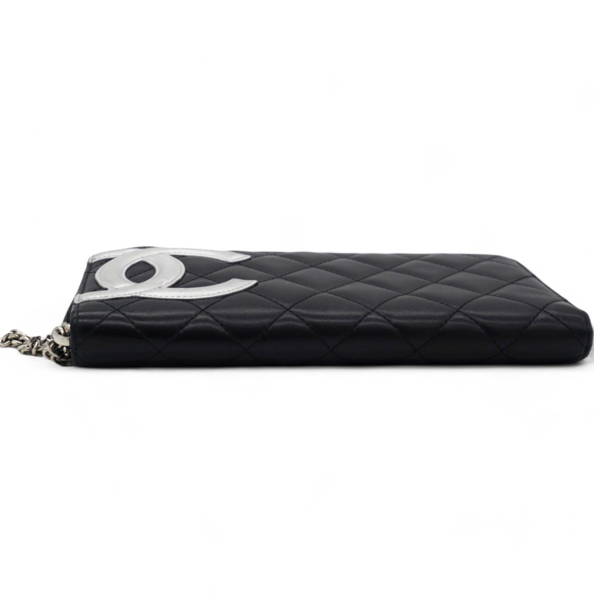 Calfskin Quilted Cambon Large Gusset Zip Around Wallet Black Silver