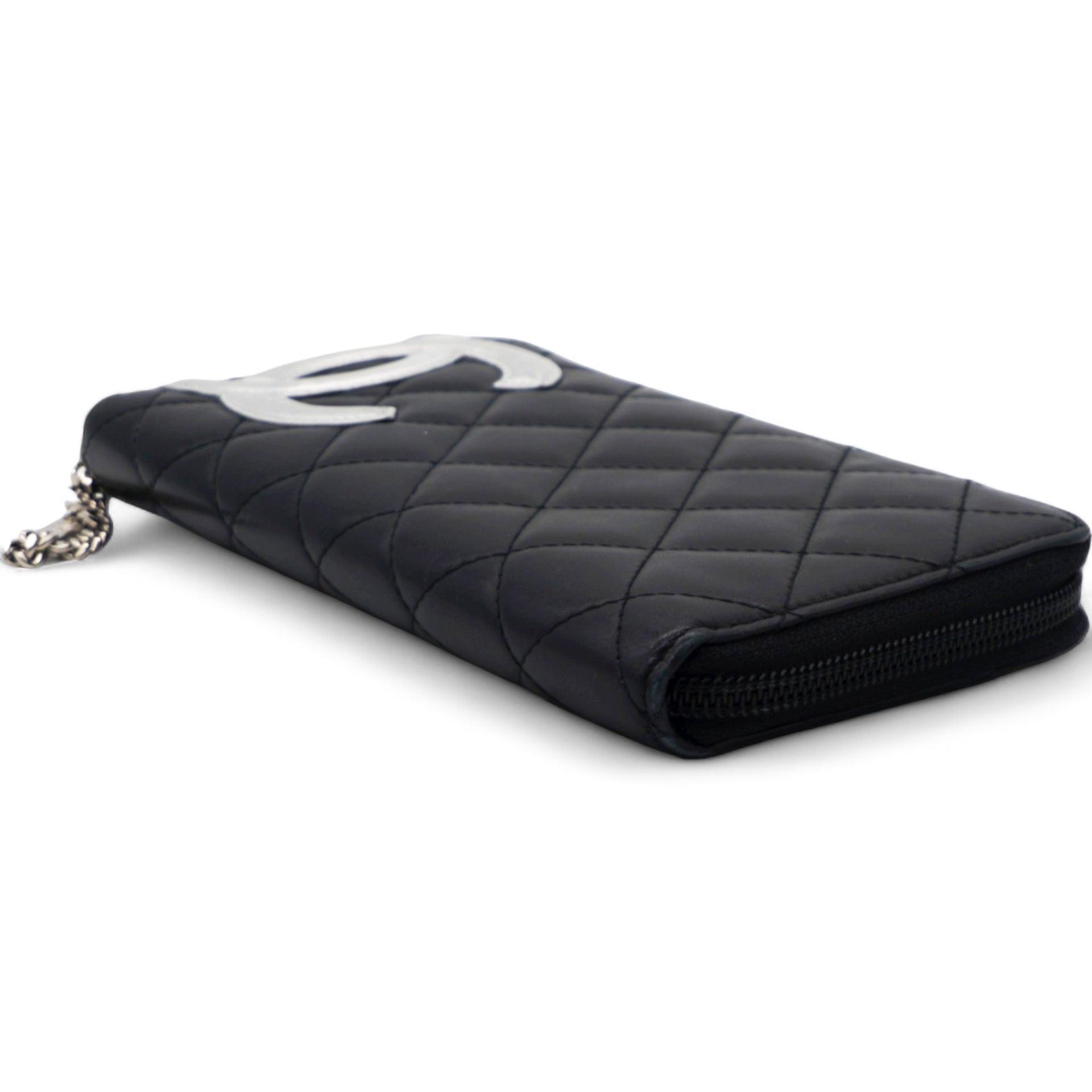 Calfskin Quilted Cambon Large Gusset Zip Around Wallet Black Silver