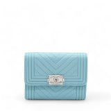 Caviar Chevron Quilted Boy Card Holder Wallet Light Blue