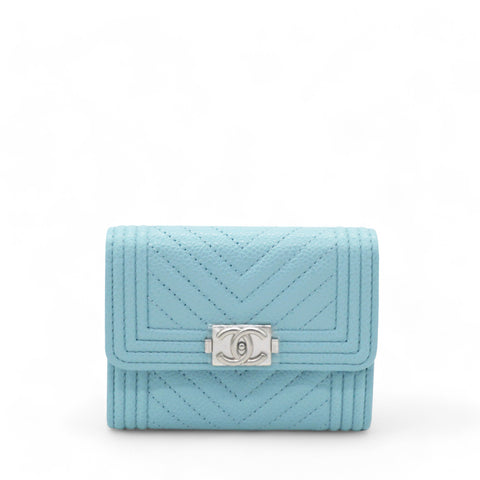 Caviar Chevron Quilted Boy Card Holder Wallet Light Blue