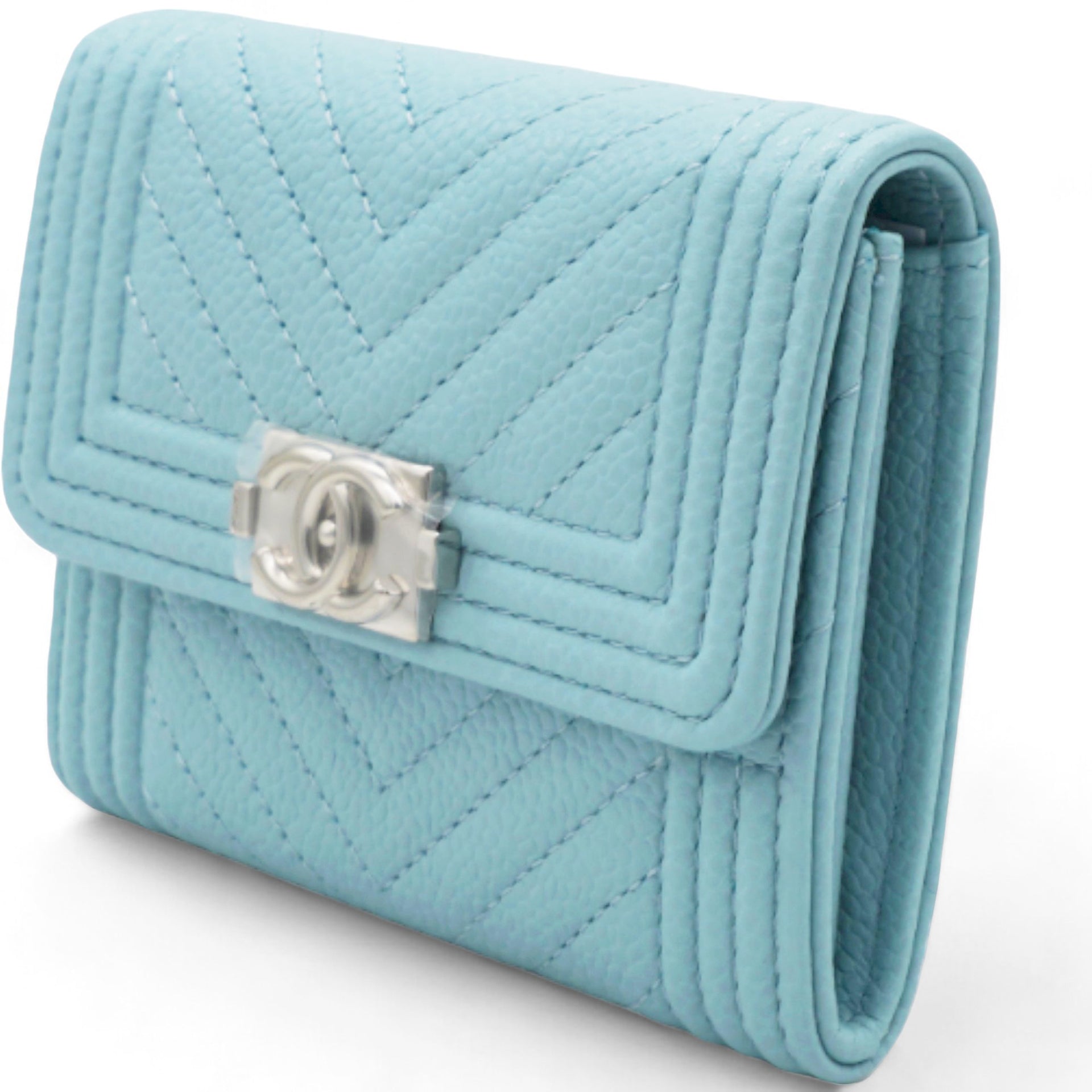 Caviar Chevron Quilted Boy Card Holder Wallet Light Blue