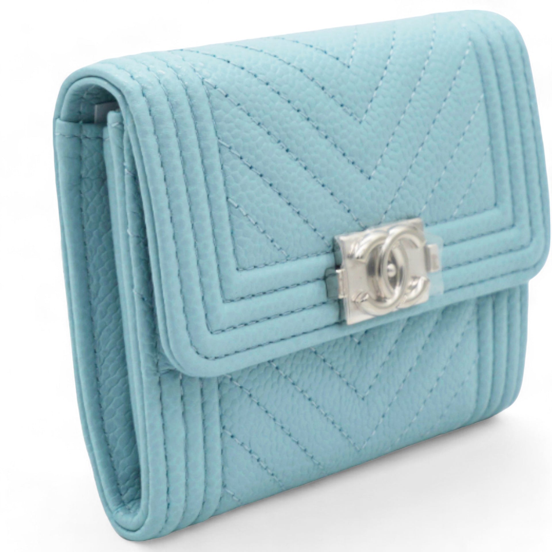 Caviar Chevron Quilted Boy Card Holder Wallet Light Blue