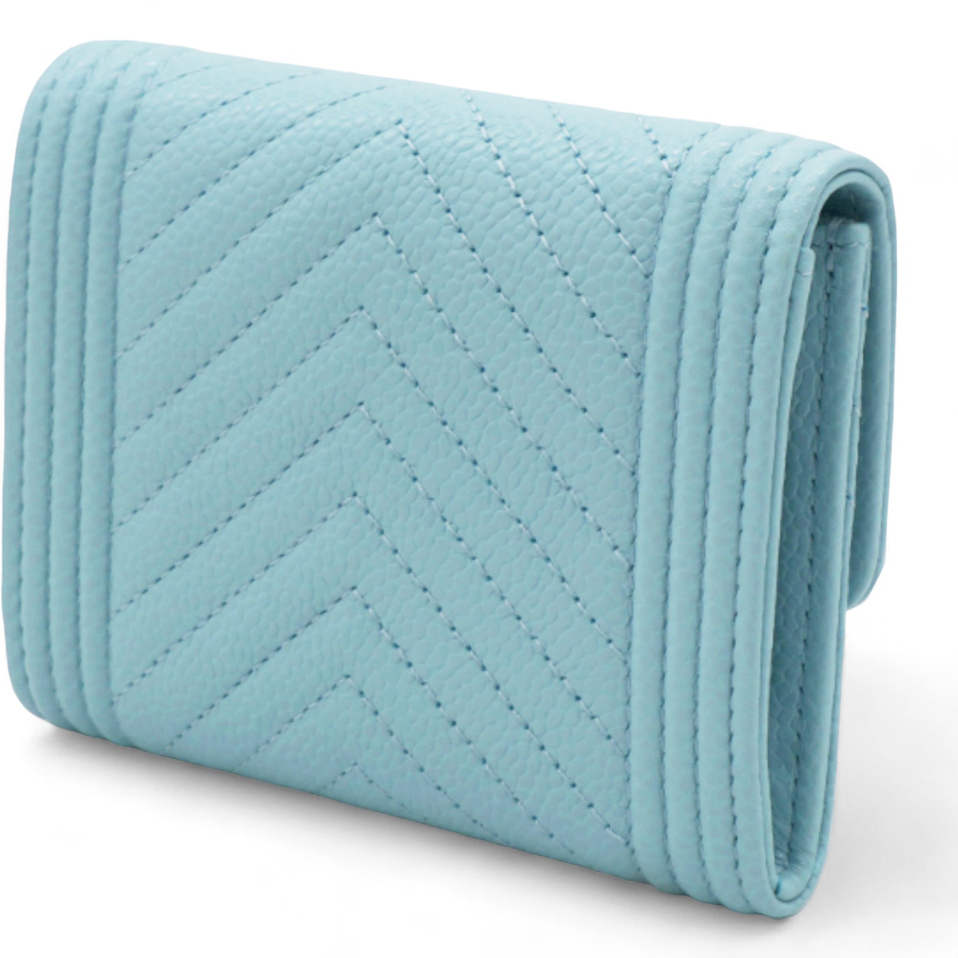 Caviar Chevron Quilted Boy Card Holder Wallet Light Blue