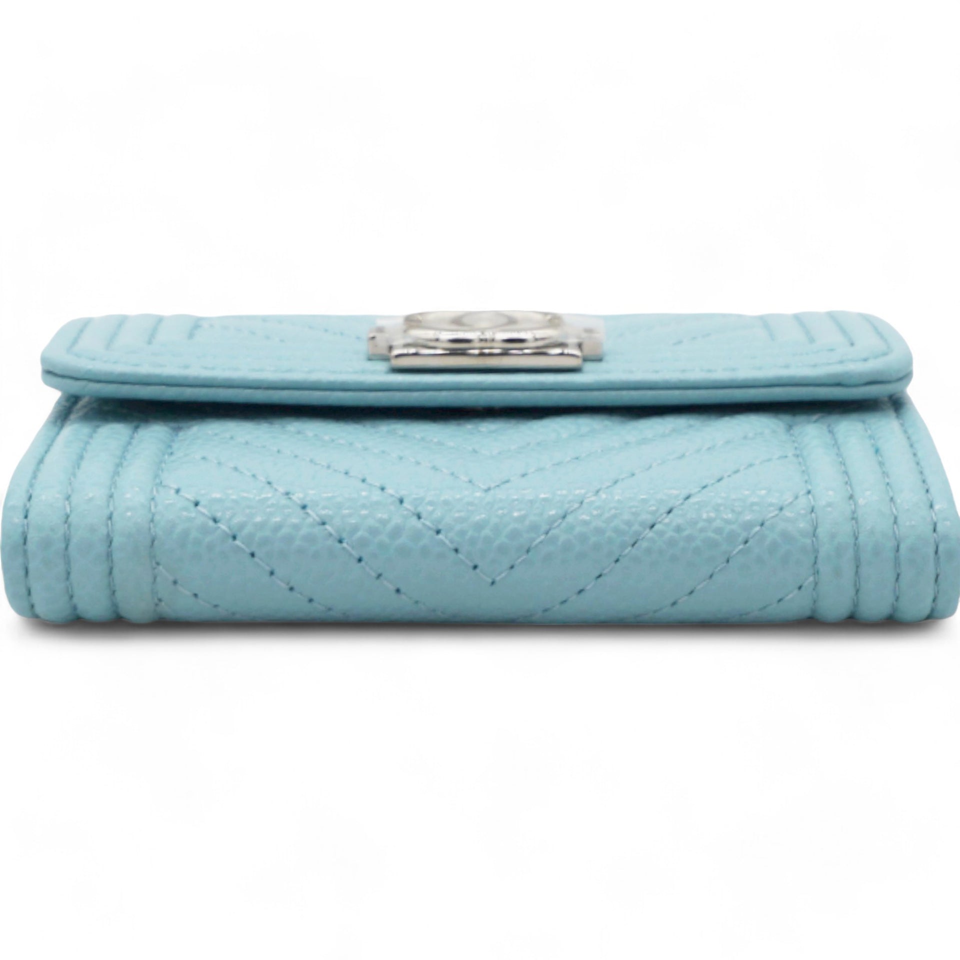 Caviar Chevron Quilted Boy Card Holder Wallet Light Blue