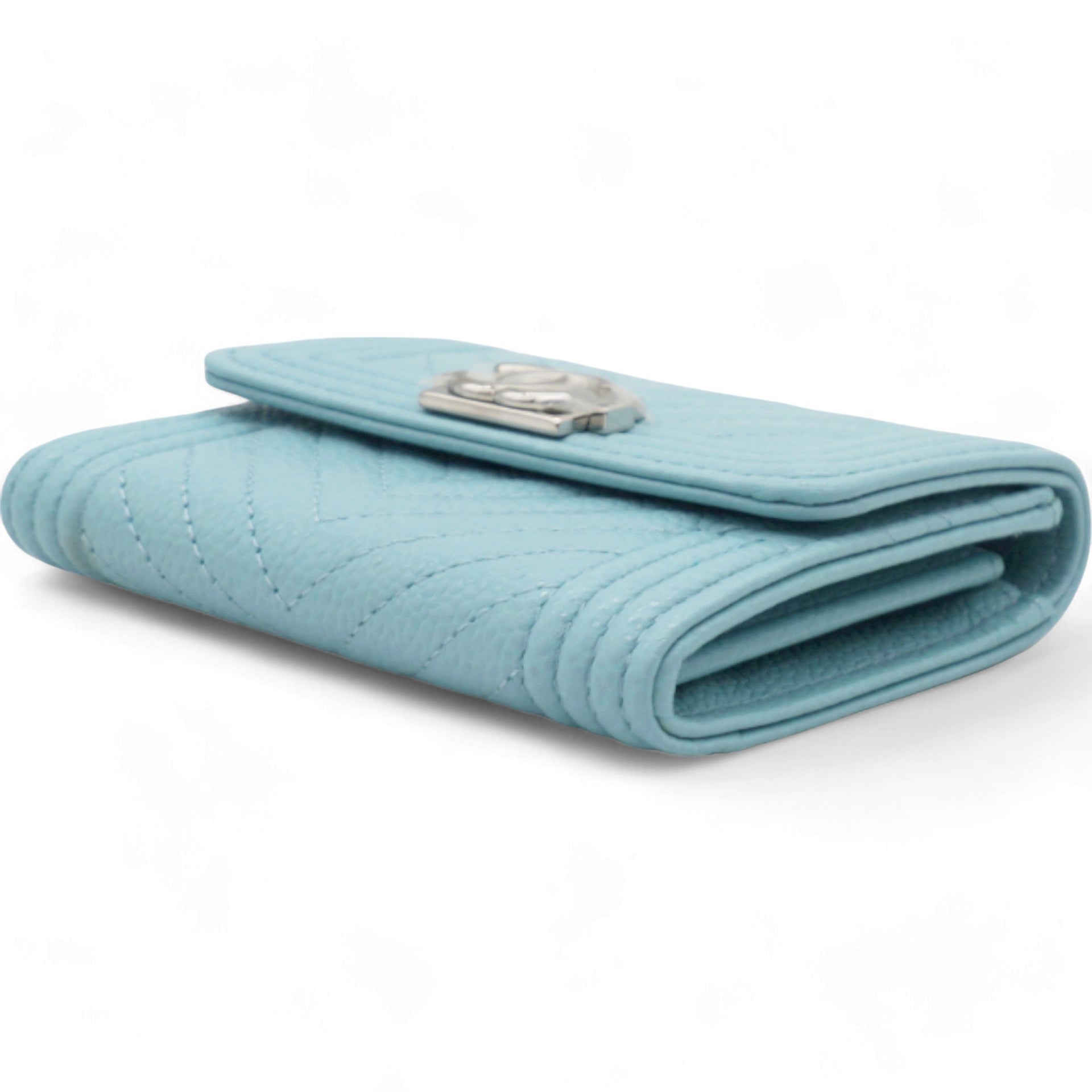 Caviar Chevron Quilted Boy Card Holder Wallet Light Blue