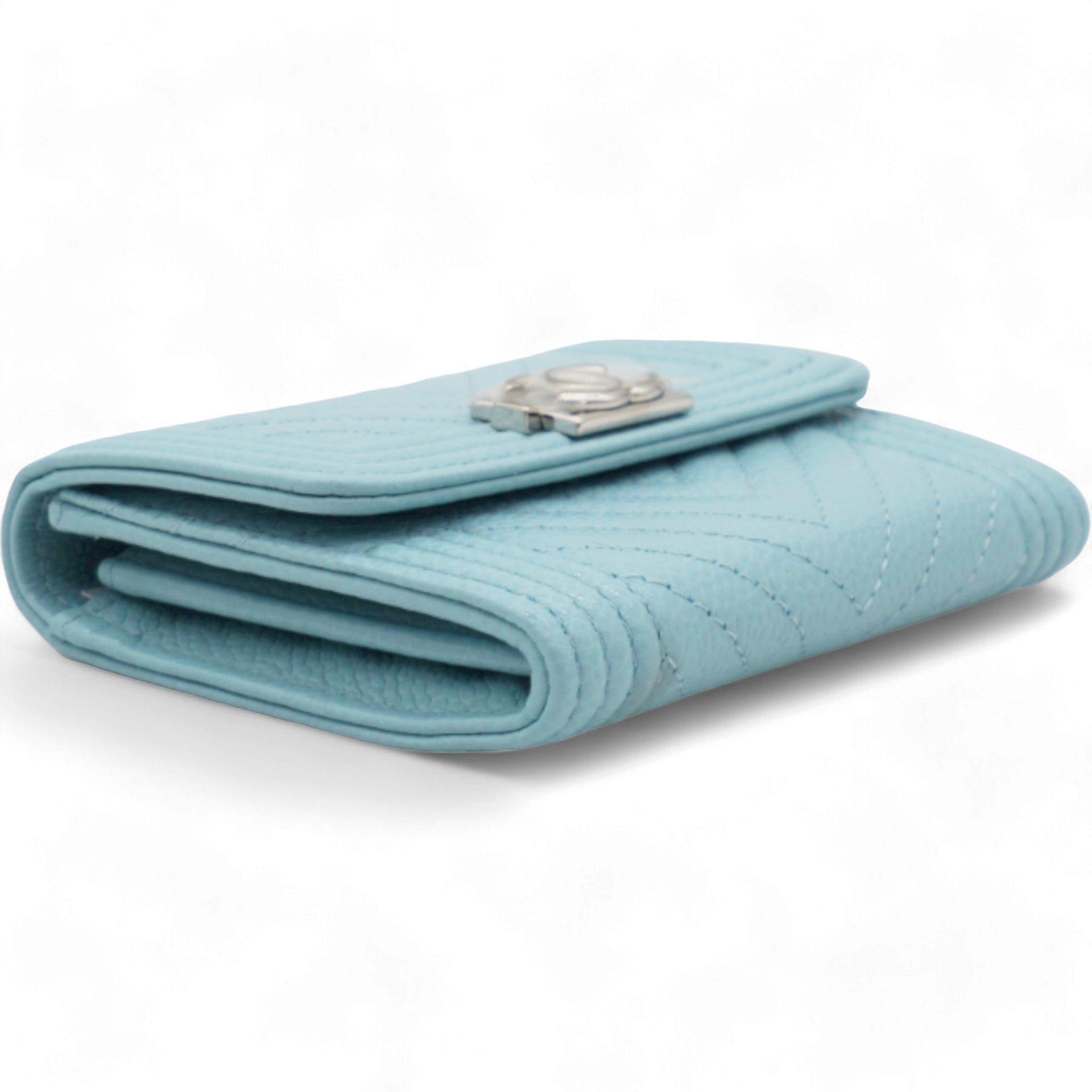 Caviar Chevron Quilted Boy Card Holder Wallet Light Blue