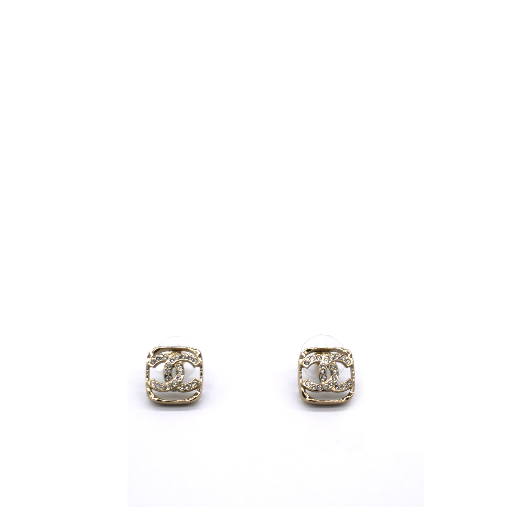 Gold And Crystal CC Square Logo Earrings